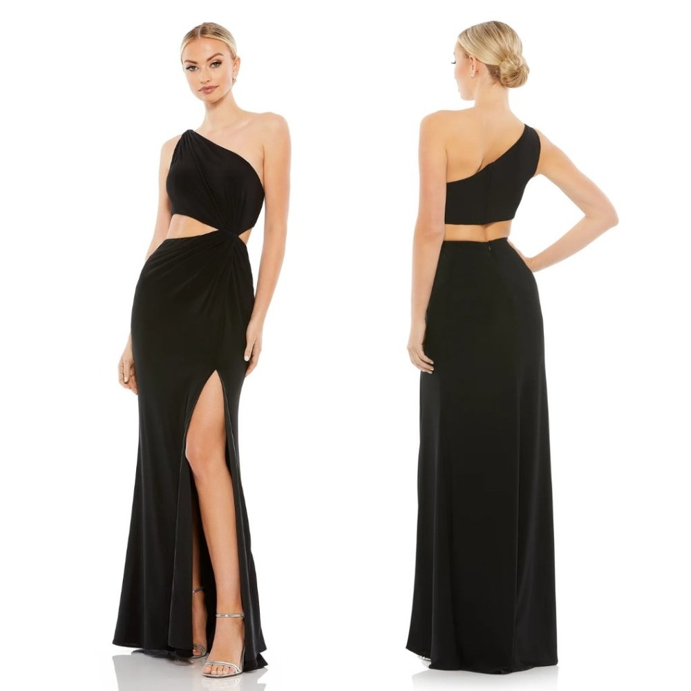 MAC DUGGAL ONE SHOULDER RUCHED CUT OUT JERSEY GOWN